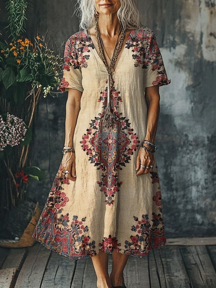 Women's Vintage Lovely Floral Art Print Pocket Cotton Dress