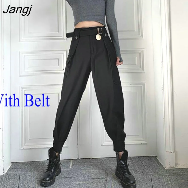 Jangj Fashion Women Streetwear Cargo Pant Korean Style Wide Leg Elastic Waist Harem Pant Female Casual Loose Jogger Trouser Women
