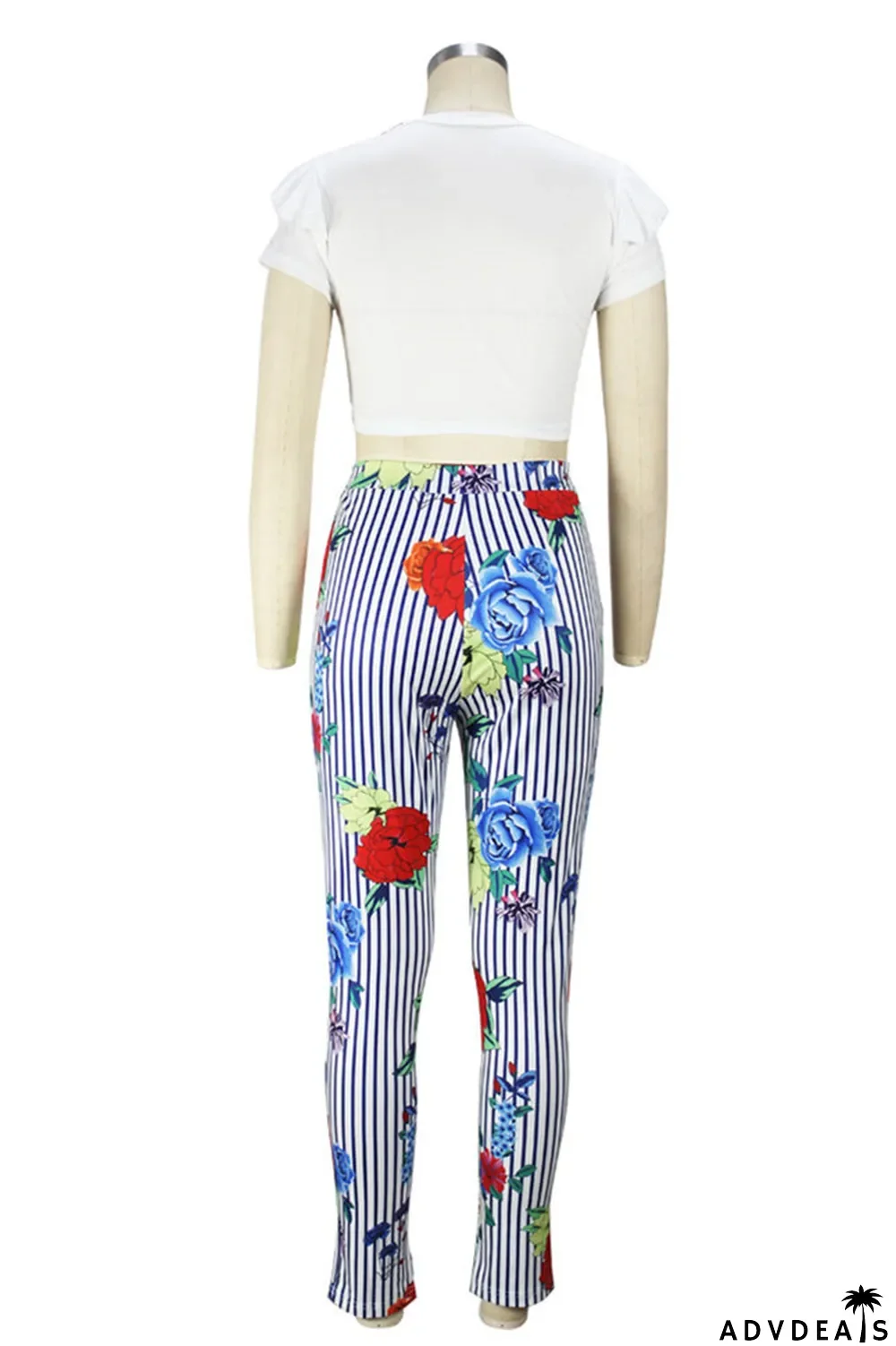 Blue Fashion Casual Print Basic O Neck Short Sleeve Two Pieces