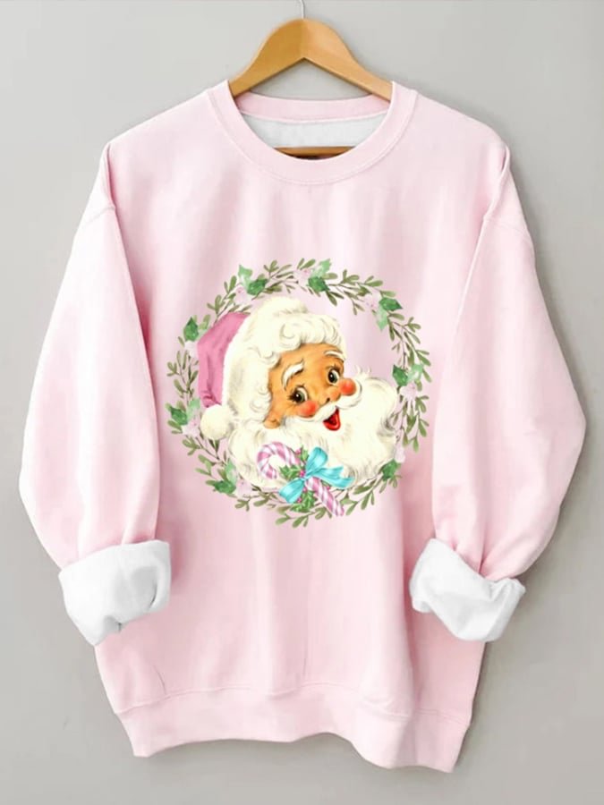 Women's Pink Christmas Pink Vintage Santa Print Casual Sweatshirt