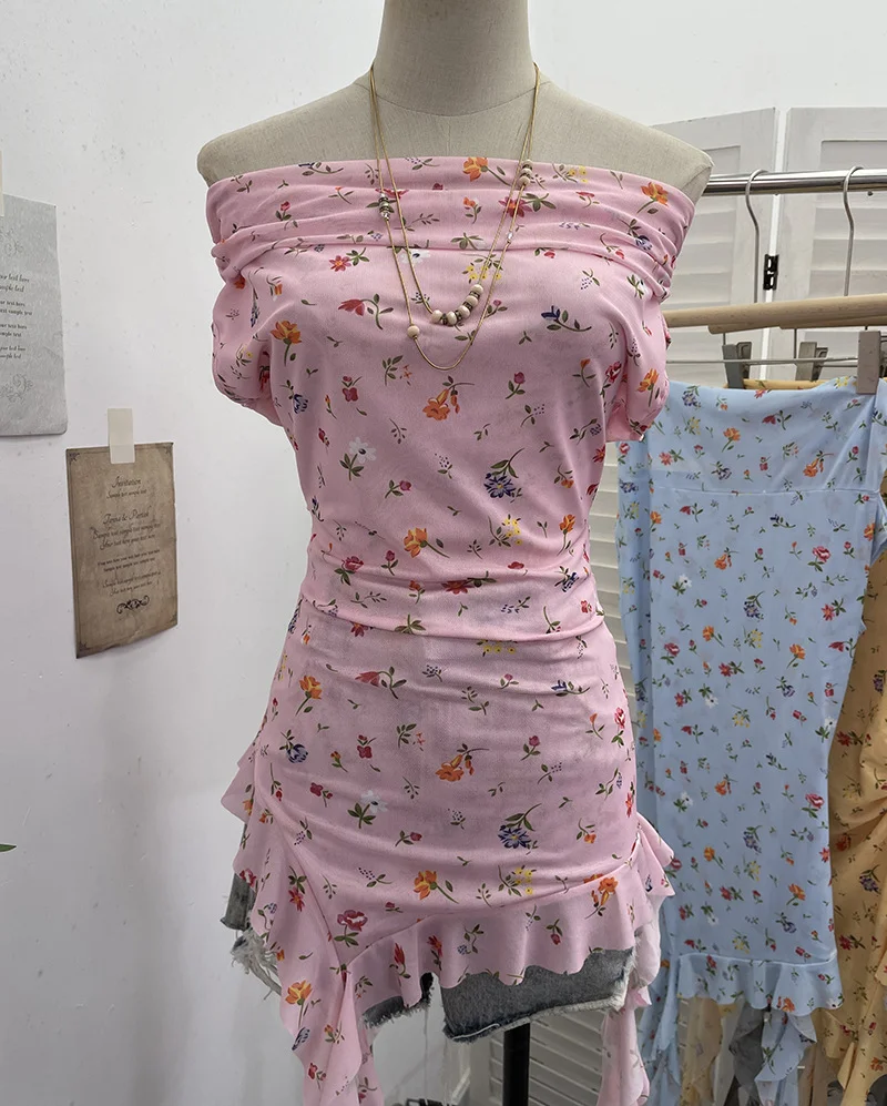 Nigikala Nigikala Shooting Holiday Wind Shoulder Folding Net Grums Flower Top Design Feeling Drift With Unique T-Shirt 1203