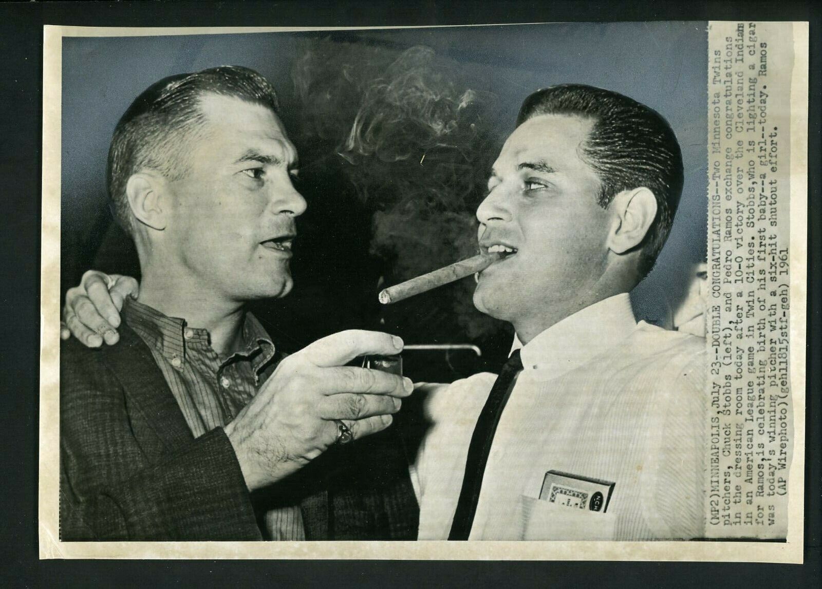 Chuck Stobbs & Pedro Ramos celebrate 1961 Press Photo Poster painting Minnesota Twins