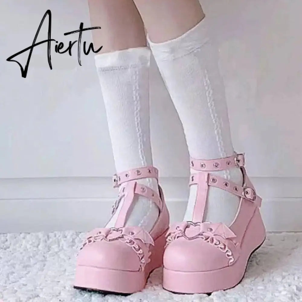 Aiertu New Chunky Platform Lolita Shoes Woman Flats Sweet Heart Buckle Mary Janes Shoes Pink T-Strap Punk Gothic Cosplay Shoes 35-43 Aiertu