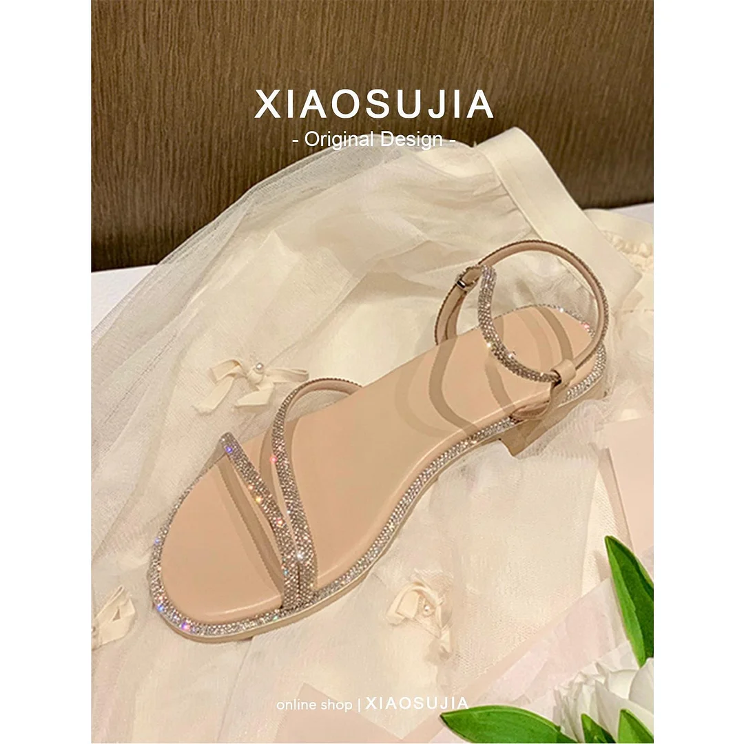Wongn Wongn New Rhinestone Flat Sandals Female Summer Outside Wear Ins Fairy Wind With Skirt A Word With Thick Heel Roman Shoes
