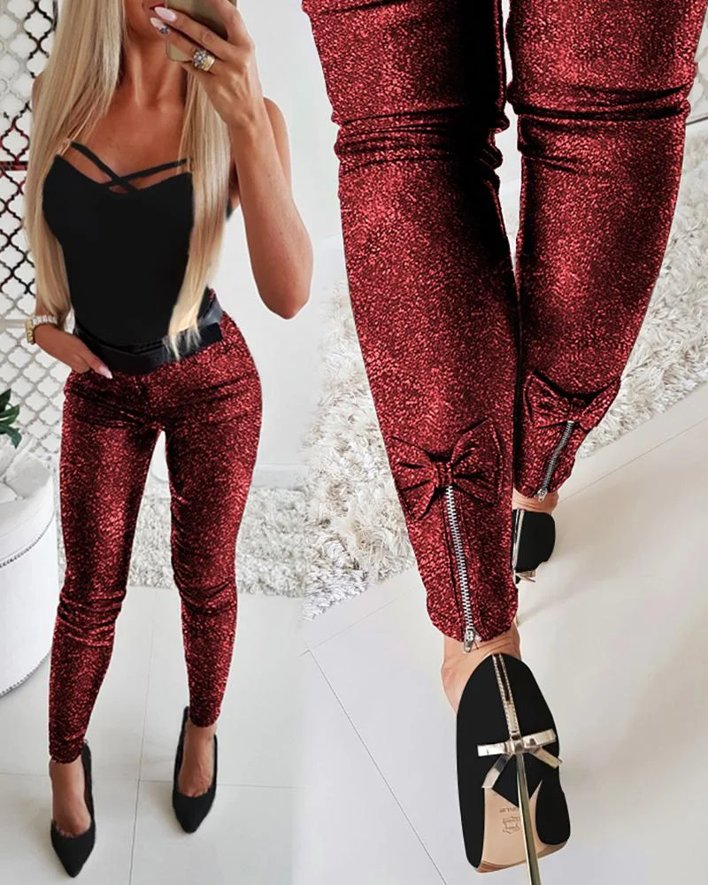 Pu Zipper Design Bowknot Detail Pants-verytown-Allyzone