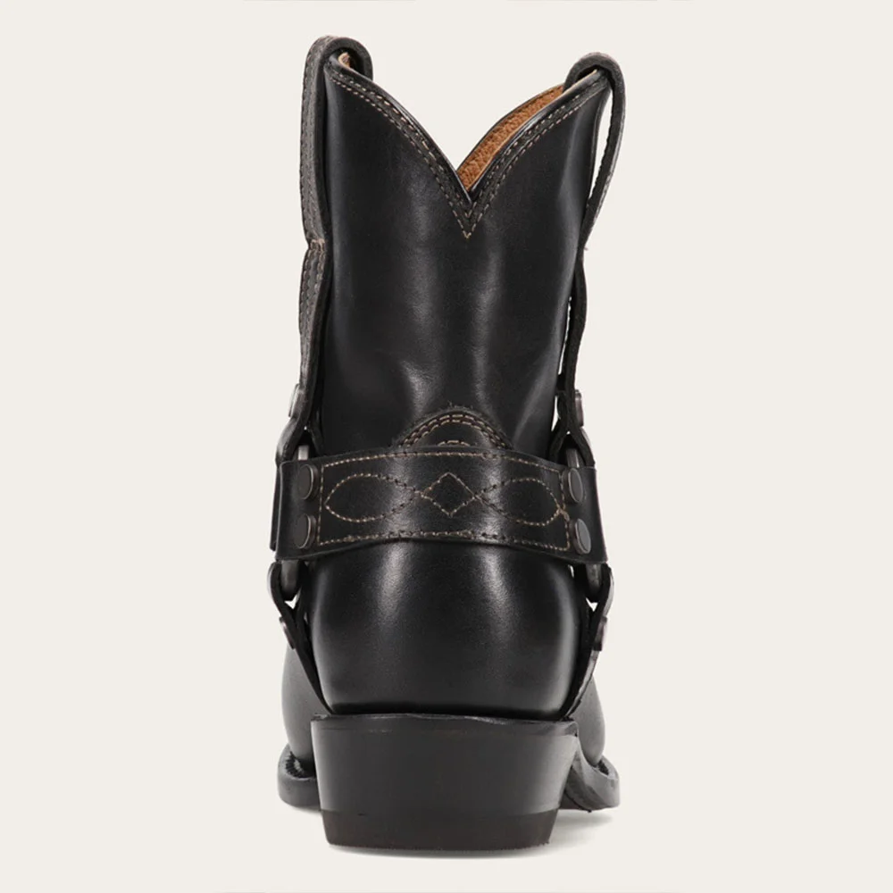 Black Pull Tab Round Toe Low Heel Studded Buckle Strap Ankle Boots