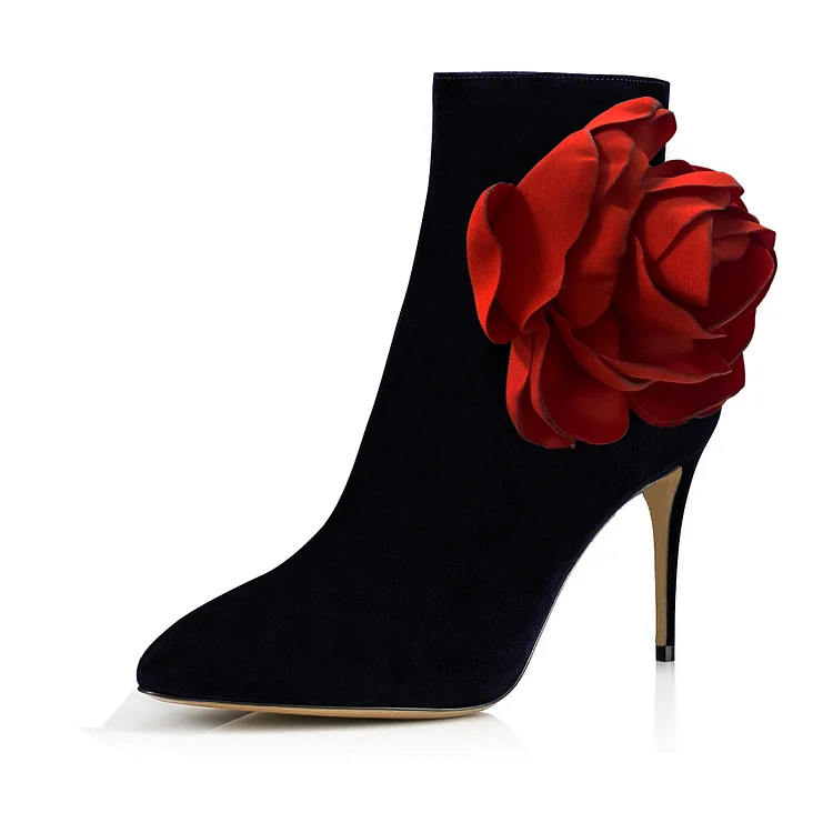 Black Vegan Suede Ankle Boots Stiletto Heel Red Flower Booties |FSJ Shoes