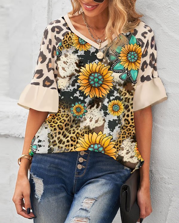 Sunflower Leopard Print V-neck Top
