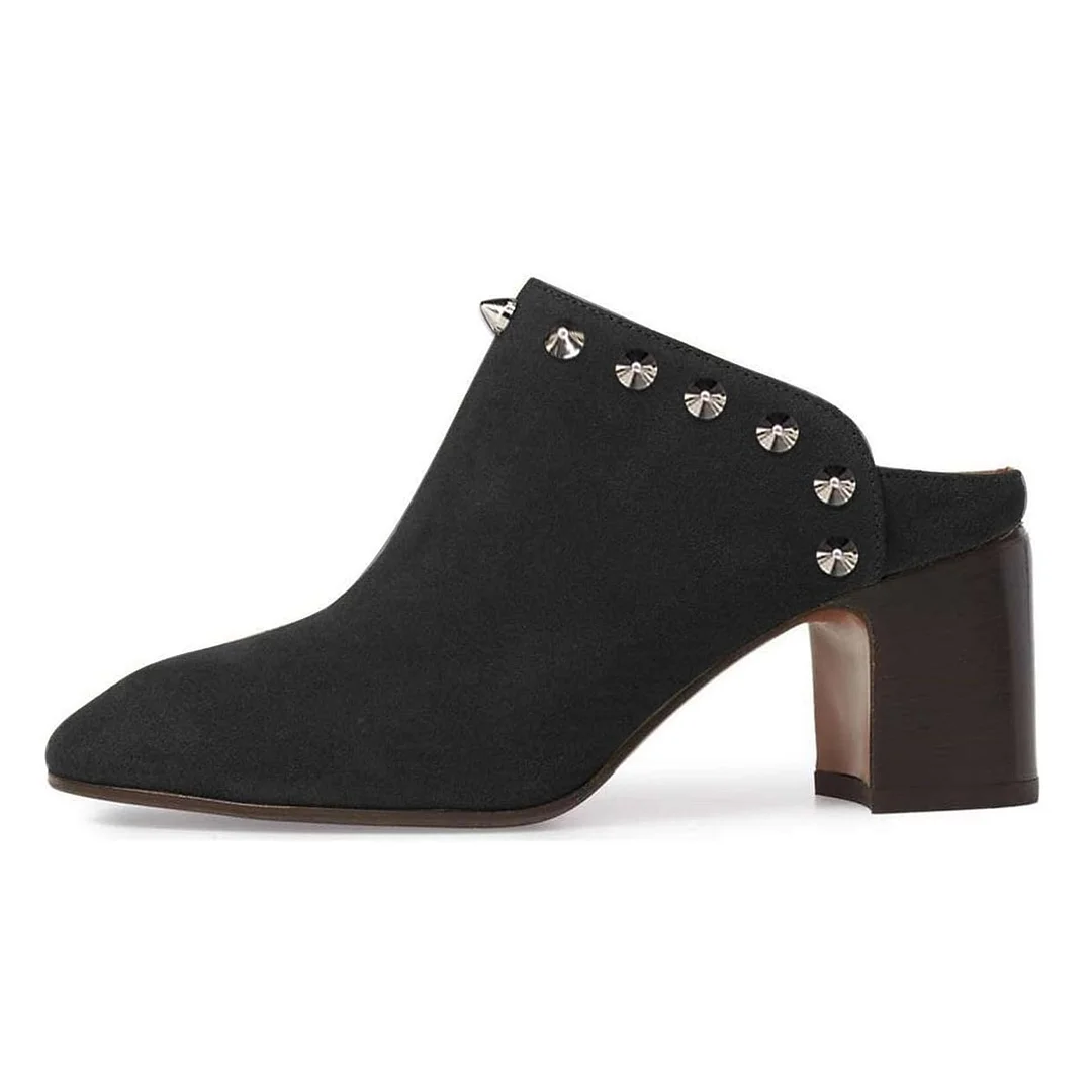Black Studded Block Heel Mule Shoes for Women with Round Toe