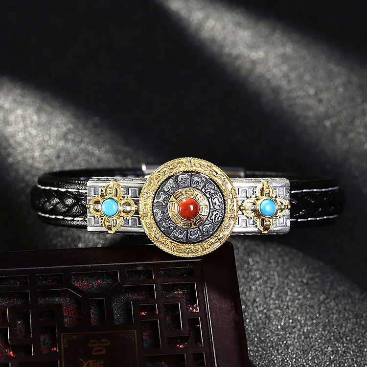 Taiji-Bagua Nine Palace Mantra Wheel Leather Bracelet