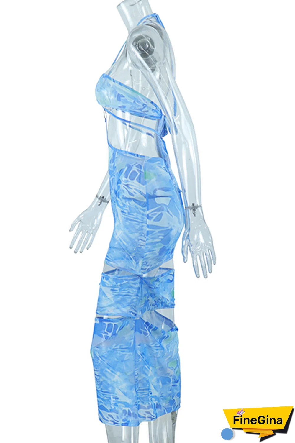 Sky Blue Sexy Print Hollowed Out Halter Pencil Skirt Dresses