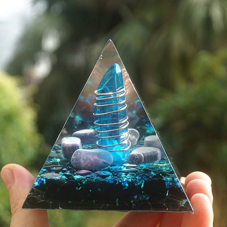 Blue Quartz Pillar With Obsidian Orgone Pyramid
