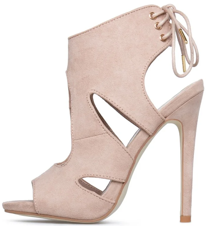 Beige Stiletto Heels Suede Open Toe Cutout  Slingback Sandals |FSJ Shoes
