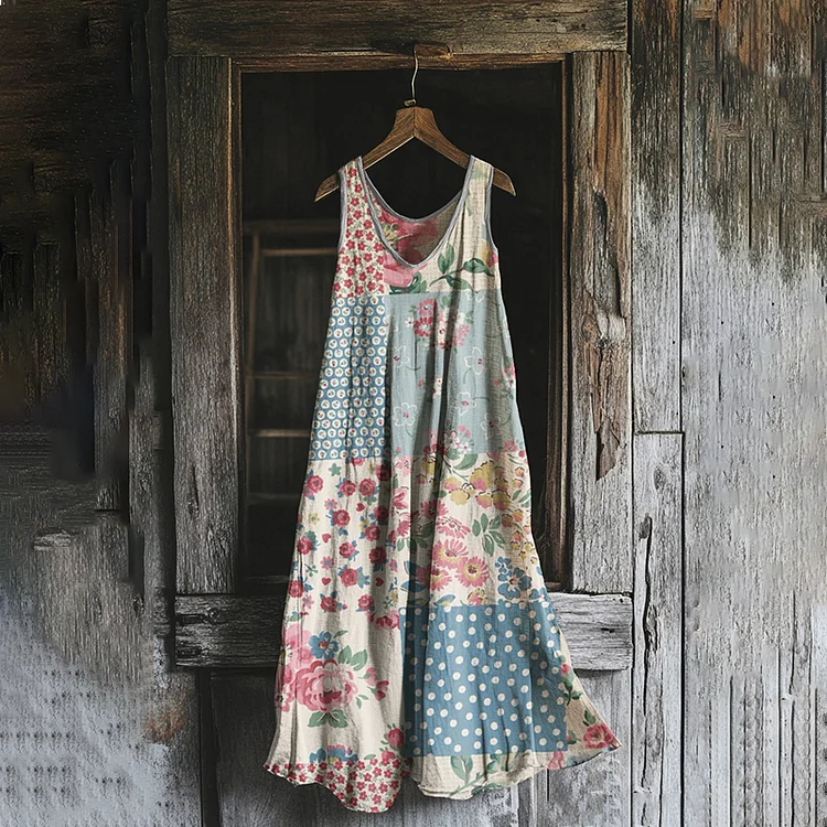 Simpfit Damen Vintage Bohemian Kleid mit Blumenpatch