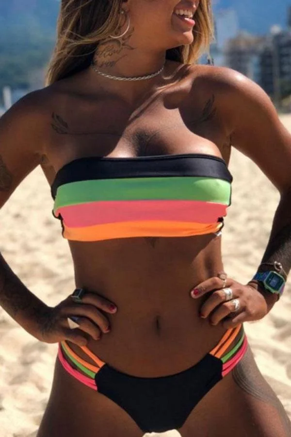 Women Bandeau Rainbow Striped Bikini Set(2 Colors)-Allyzone-Allyzone