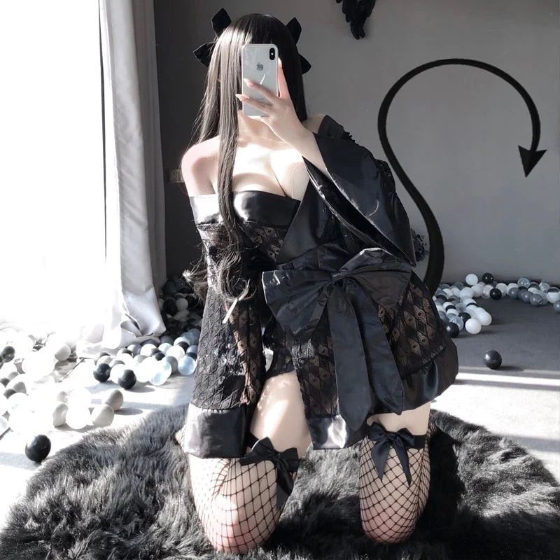 Sexy Cosplay Uniform Dark Japanese Kimono Erotic Costumes for Women Robe Cardigan Role Play Net yarn Black 3Pcs Lingerie Set