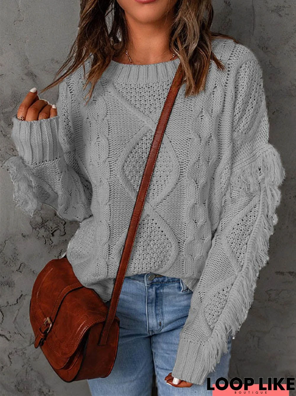 Loose-Fitting Turtleneck Fringe Solid Color Pullover Knit Sweater For Women