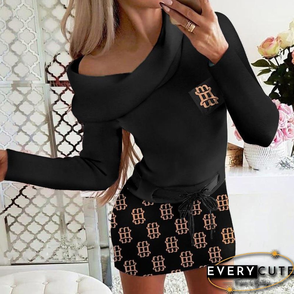 Elegant Patchwork Printed Slim Mini Dress Women Casual Long Sleeve Lace-up Party Dress Fashion Off Shoulder Lapel A-Line Dress