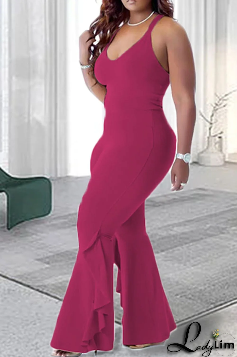 Tangerine Red Casual Solid Patchwork Flounce V Neck Plus Size Jumpsuits