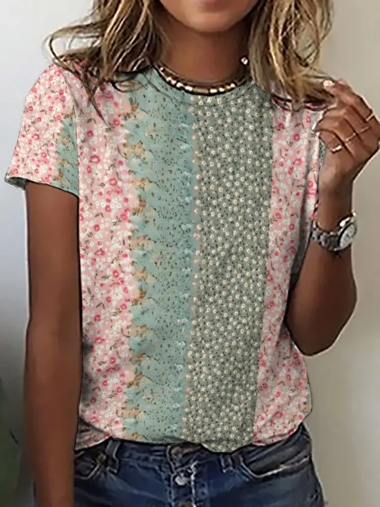 Printed Short Sleeve Casual T-shirt for  Women and Men Unisex Pattern Floral,Pink,Green,Stitch