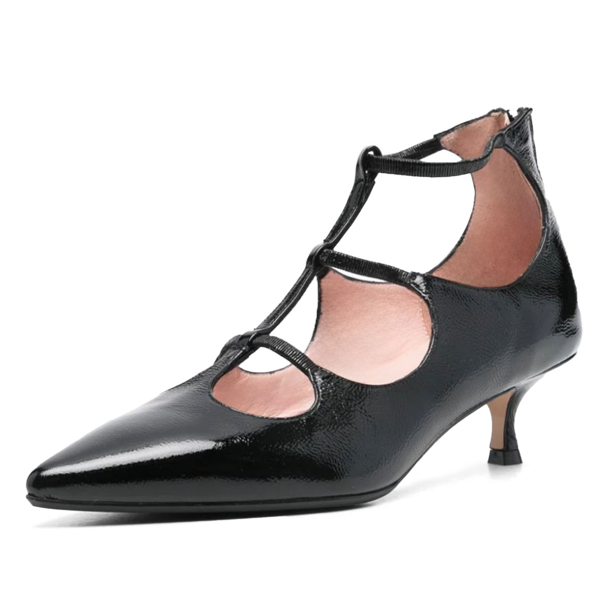 Women's T-Strap Pointed Toe Back Zipper Low Heel Pumps in Black Nicepairs