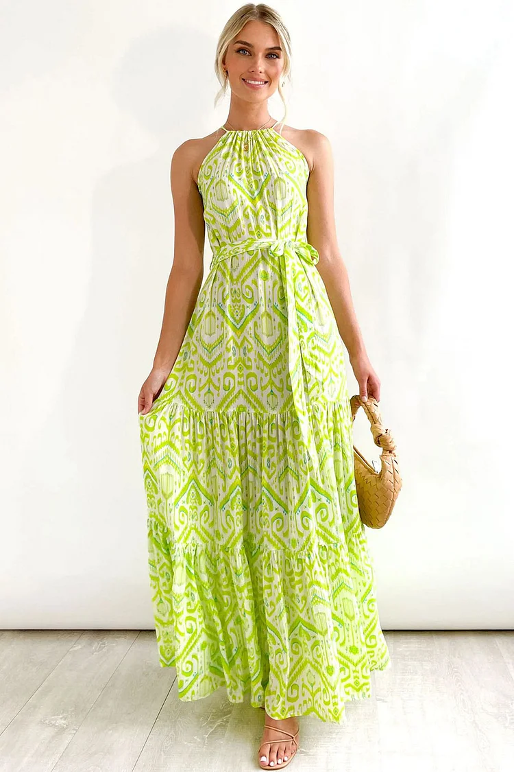 Vacation Green Ethnic Print Lace-Up Halter Maxi Dress