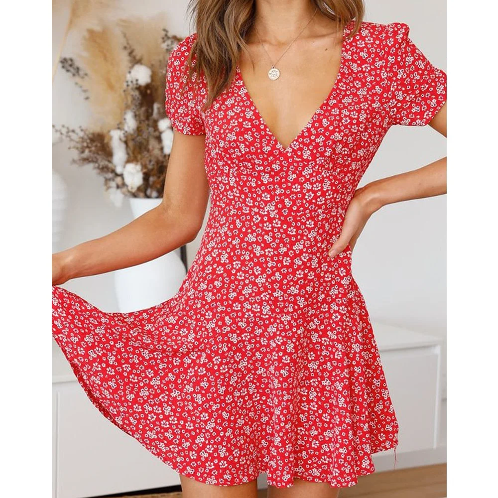 Women's Dress Summer V-Neck High Waist Short Dress for Party Holiday Casual Lady Slim Fit Flared Mini Dress A-Line Flowers/Dots
