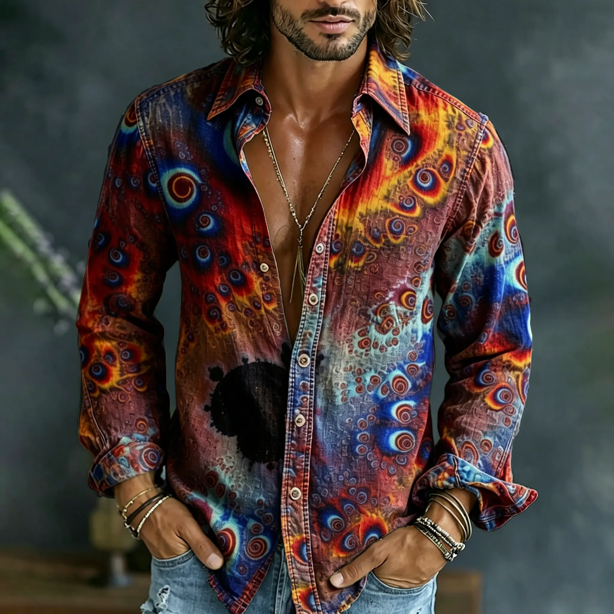 Men's Vintage Abstract Gradient Art Long Sleeves Linen Shirt elevenforest
