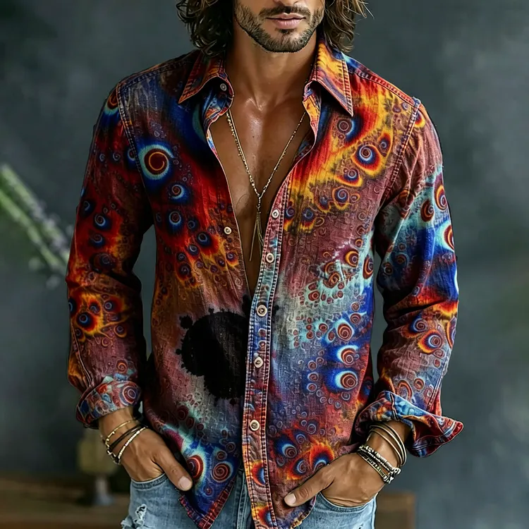Men's Vintage Abstract Gradient Art Long Sleeves Linen Shirt