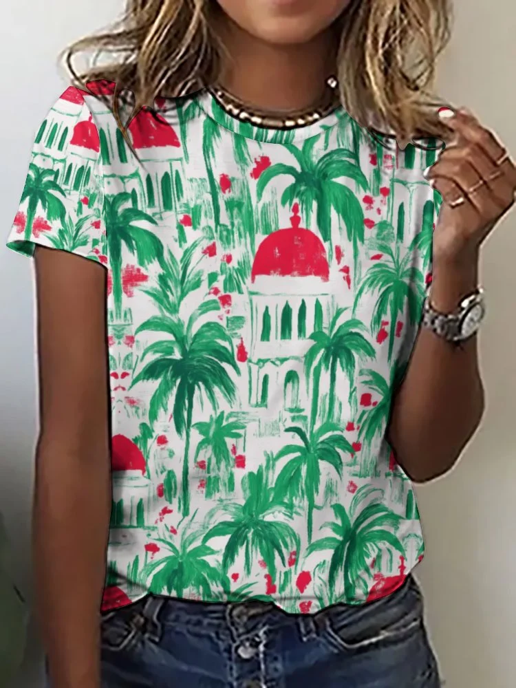 Printed Short Sleeve Casual T-shirt for  Women and Men Unisex Pattern Tropical, Summer, Green