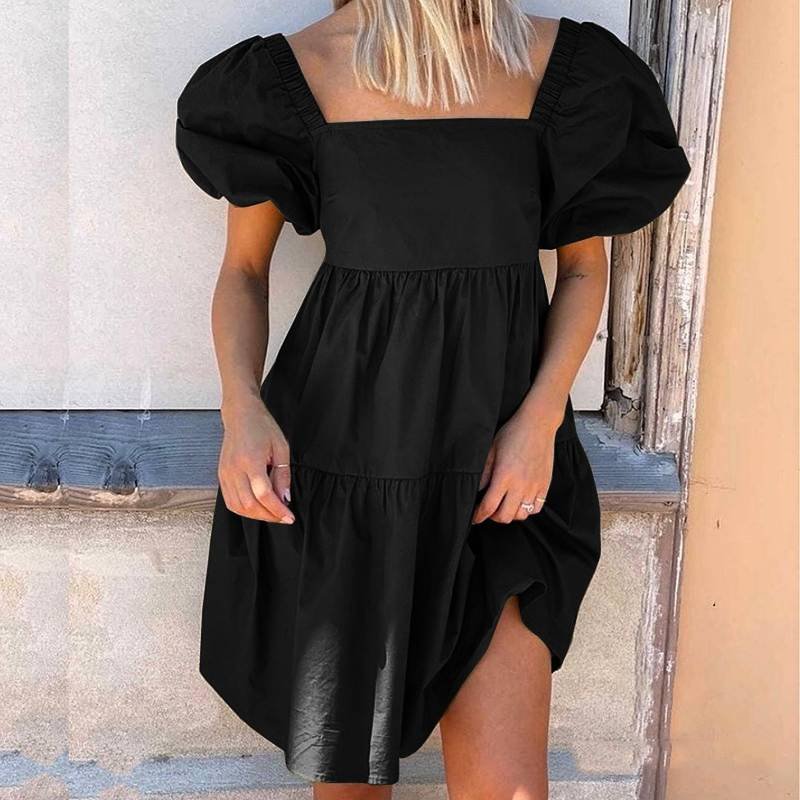 ZANZEA Stylish Women Square Neck Puff Sleeve Sundress Summer Elegant Party Mini Dress Casual Ruffles Solid Beach Vestidos Robe