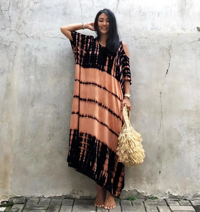Fitshinling Open Shoulder Summer Long Dress Bohemian Vintage Halo Dyeing Robe Oversized Kaftan Holiday Fashion Sexy Pareos New