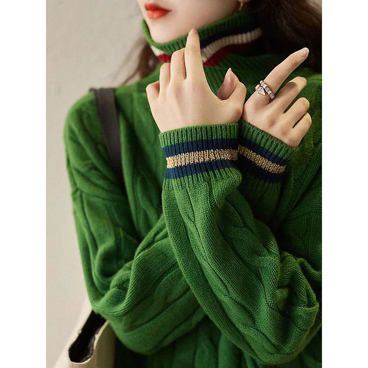 Classic French twisted texture color collision turtleneck thickened warm wool sweater