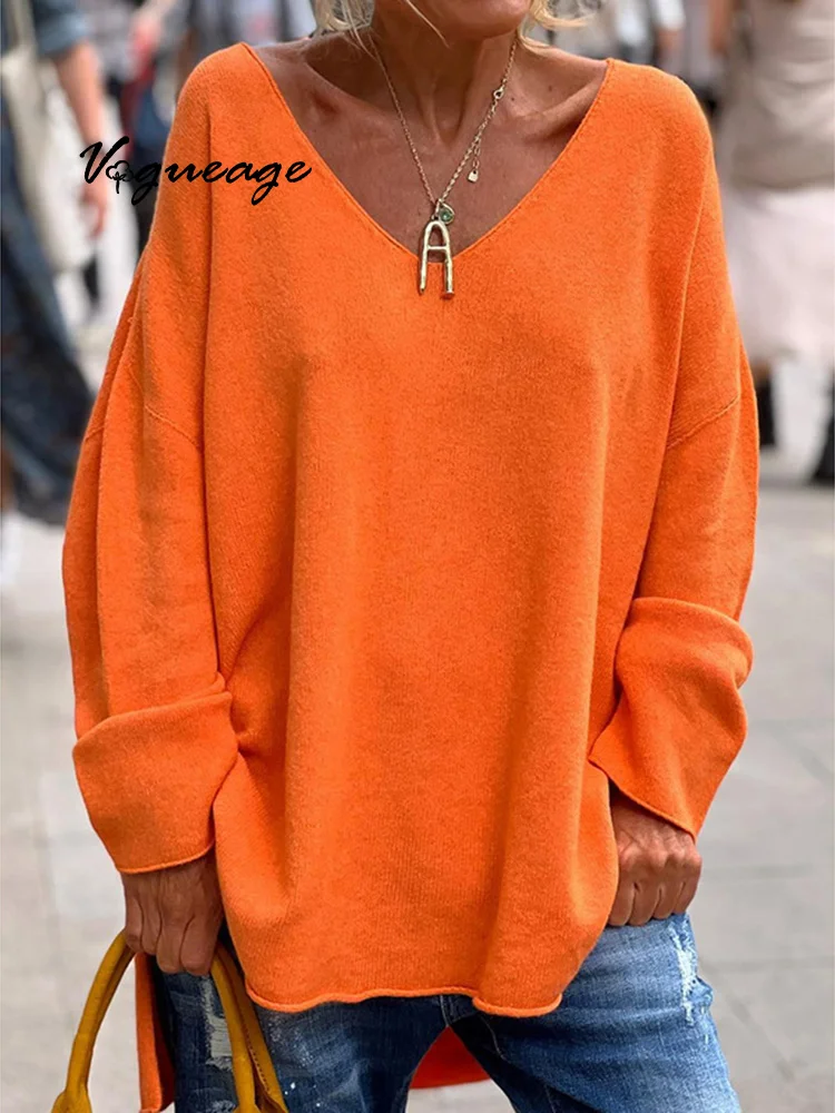 Solid Color All-Match V-Neck Long-Sleeved Loose Casual And Comfortable Top
