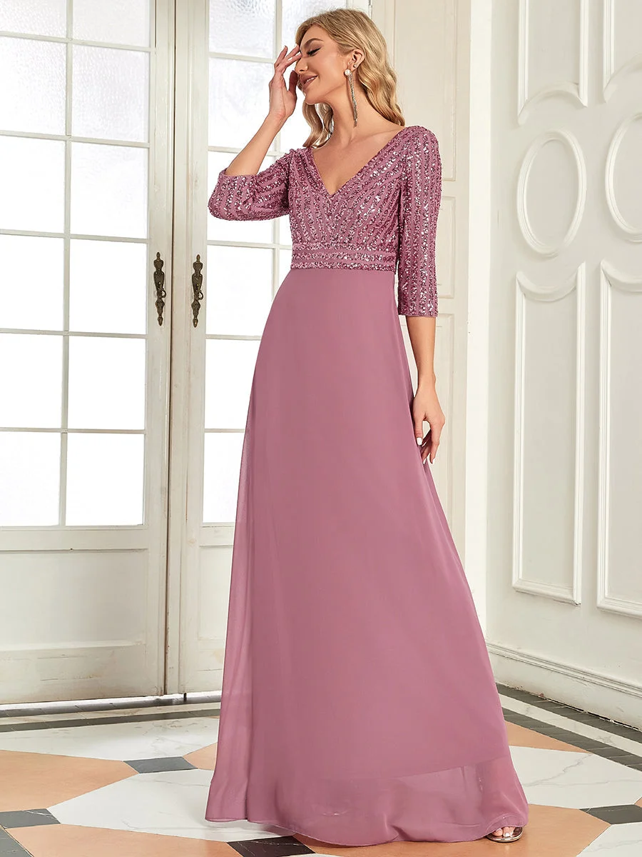 Sexy V Neck A-Line Sequin Wholesale Evening Dresses With 3/4 Sleeve
