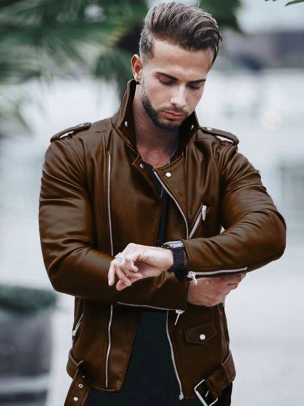 Mature Men's Stylish Zipper Leather Biker Jacket