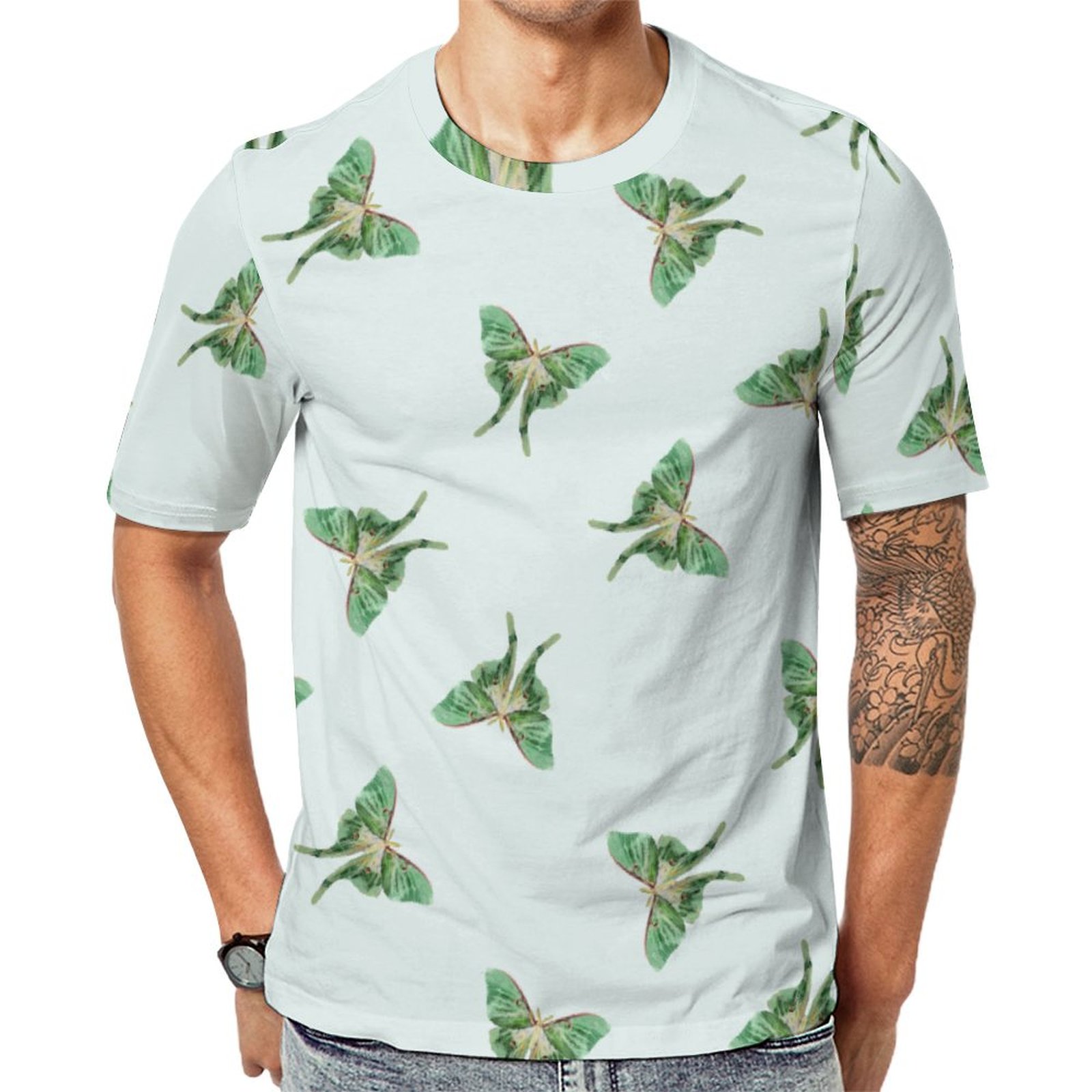 Green Luna Moth Short Sleeve Print Unisex Tshirt Summer Casual Tees for Men and Women Coolcoshirts