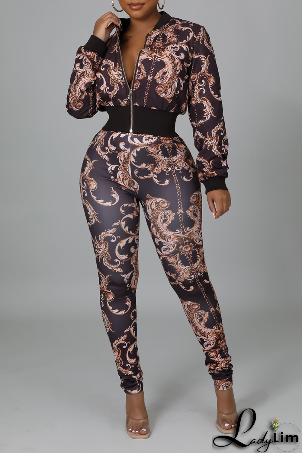 Colour Sexy Print Split Joint Zipper Collar Long Sleeve Two Pieces