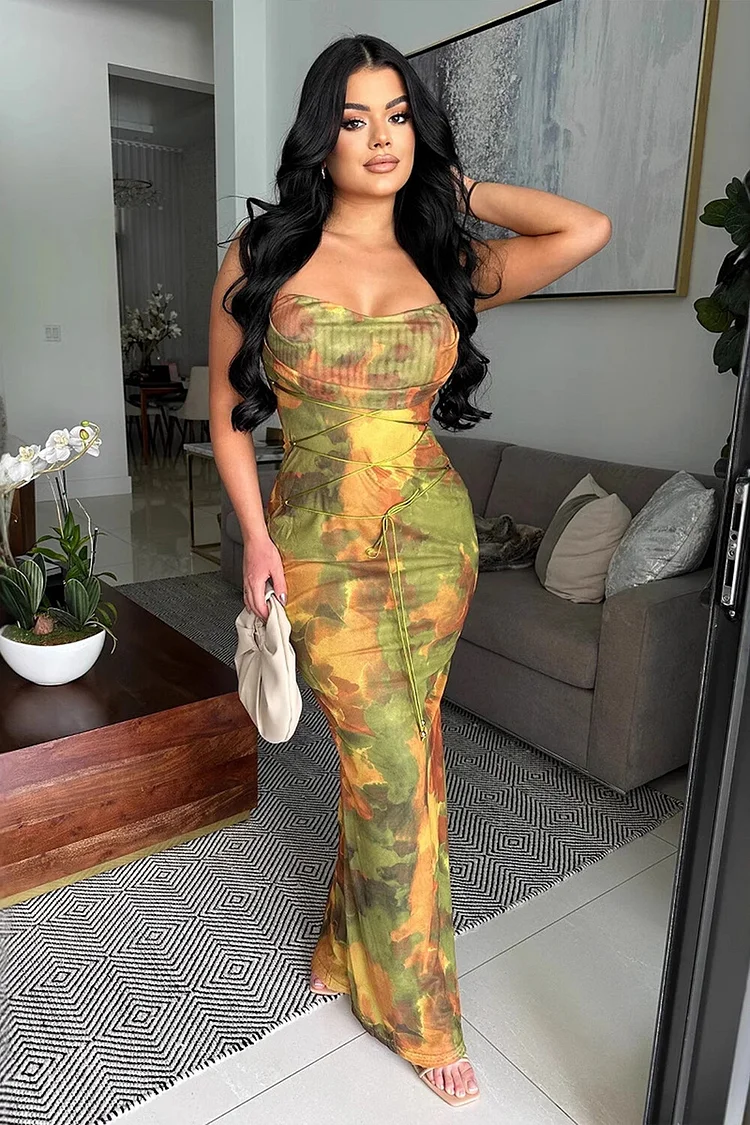 Tie Dye Print Lace Up Bodycon Slip Maxi Dresses-Yellow