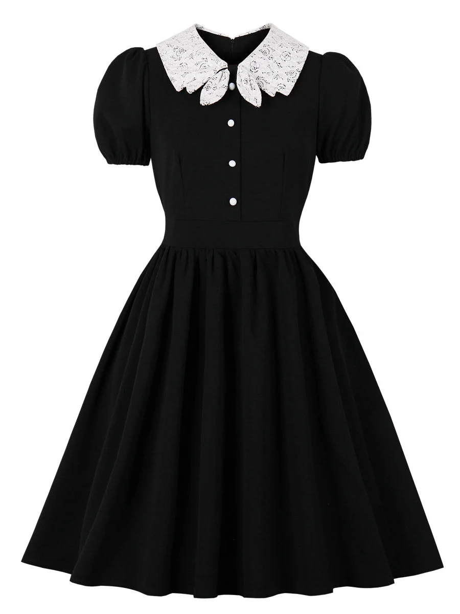 Black Dresses Retro Lace Patchwork Neck Puff Sleeve Swing Dress