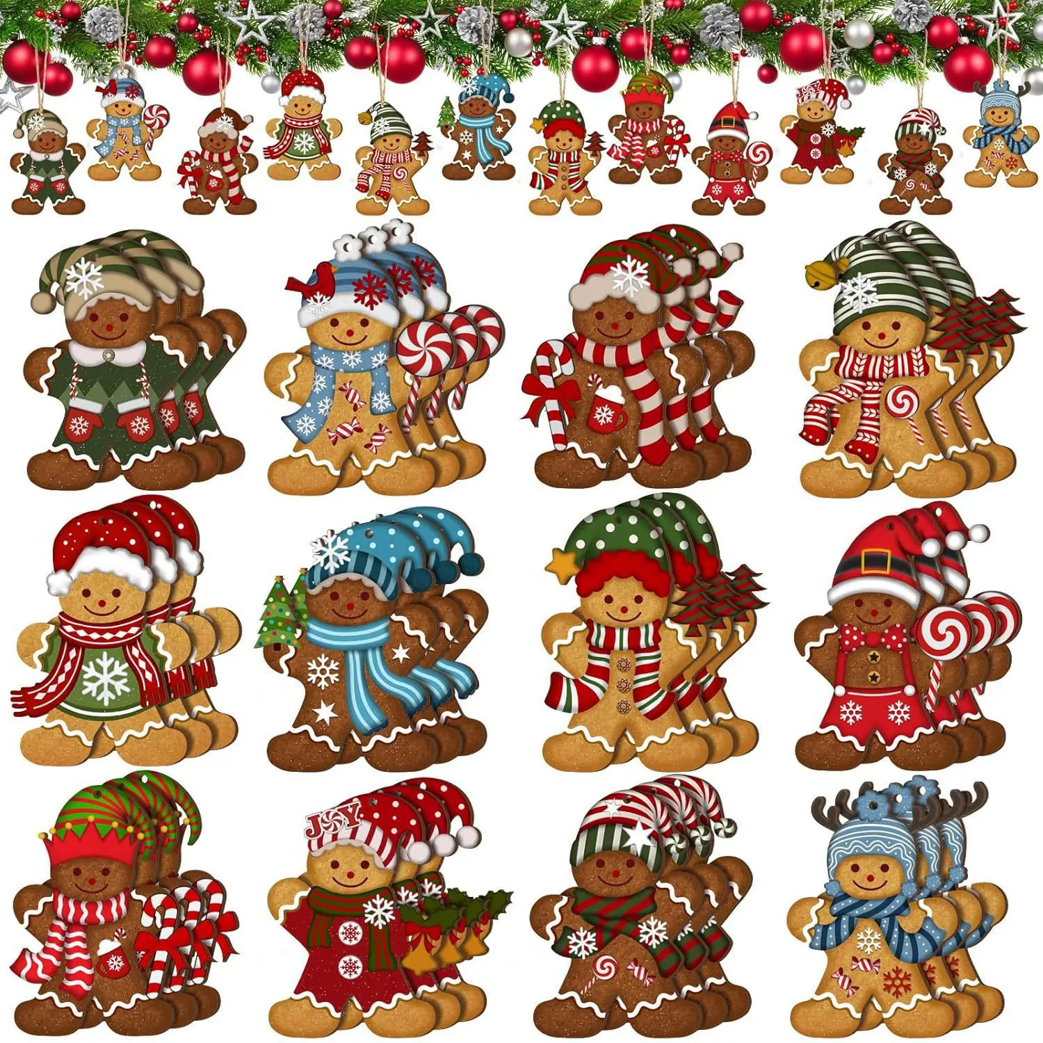 Tegooe 12PCS Wooden Gingerbread Man Christmas Tree Hanging Ornaments - Mixed Styles