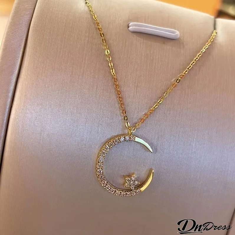 Star Moon Super Sparkle Exquisite Dainty Zircon Ramadan Pendant Necklace, Minimalist Elegant Lovely Versatile Daily Wear Clavicle Chain Jewelry