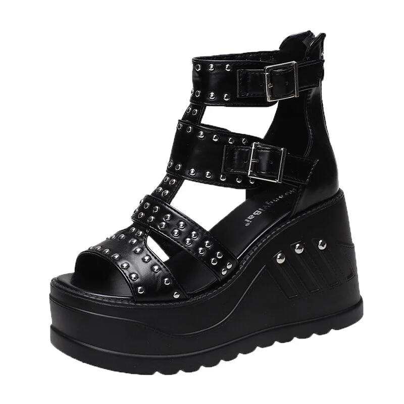 Tanguoant Women Wedges Sandals High Heels Gothic Punk Summer Platform Shoes Woman Comfort Strappy Zip Buckle Fashion Casual