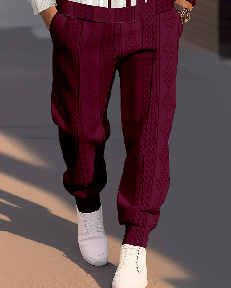 Men's Textured Jacquard Round Neck Casual Sports Set  006