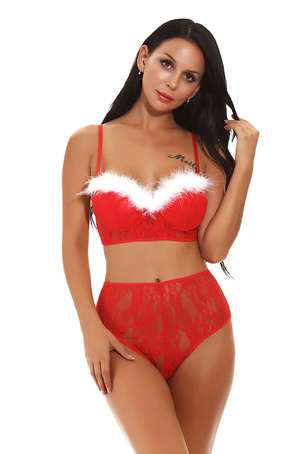 Sexy Floral Lace Sheer Christmas Santa Lingerie Red-elleschic