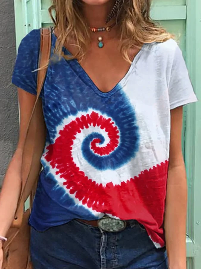 Women's Independence Day Tie Dye Print V-Neck T-Shirt socialshop