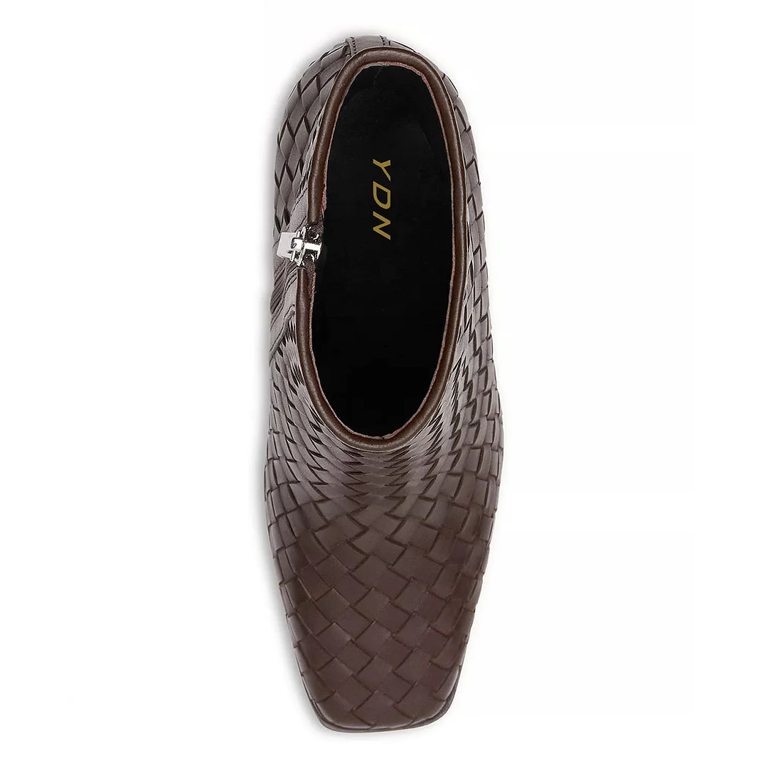 Chic Brown Woven Square Toe Chunky Heel Zipper Booties for Women