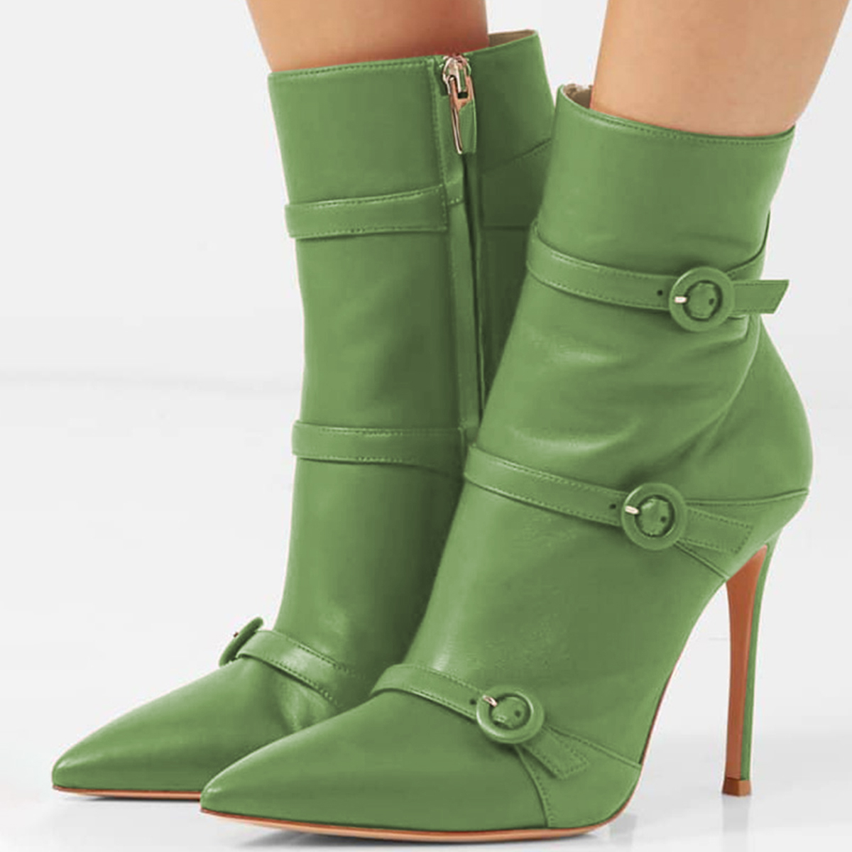 Green Buckle Strappy Pointed Toe Stiletto Heel Ankle Boots with Zipper Nicepairs