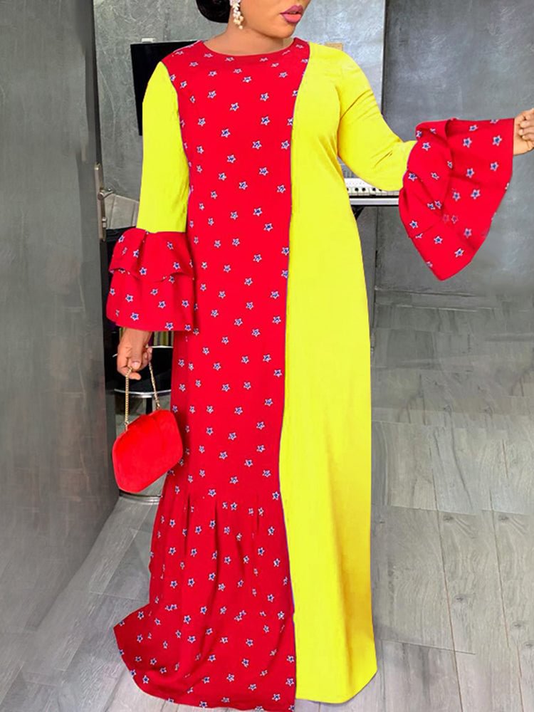 Star Print Patchwork Bell Sleeve Round Neck Maxi Dress SKUJ21410 QueenFunky