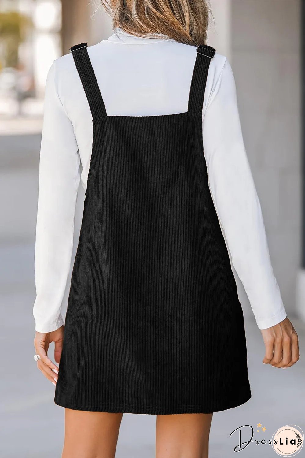 Black Solid Front Pockets Sleeveless Corduroy Overall Dress